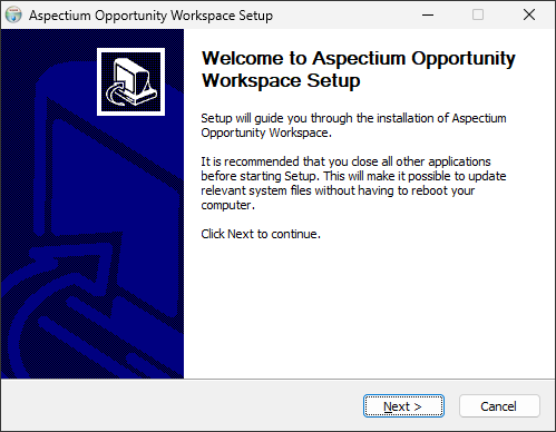 Aspectium Opportunity Workspace Setup welcome screen with the Next button.
