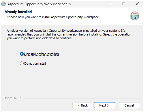 Setup prompt for an existing installation with Uninstall before installing selected.