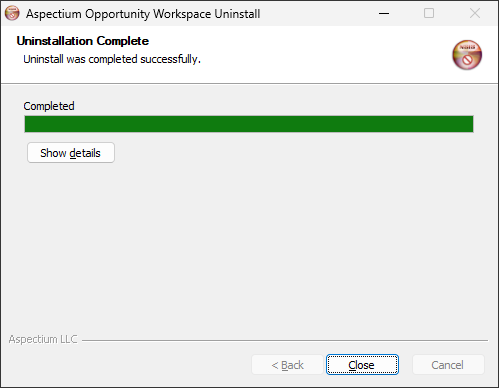 Uninstallation complete screen with the Close button.