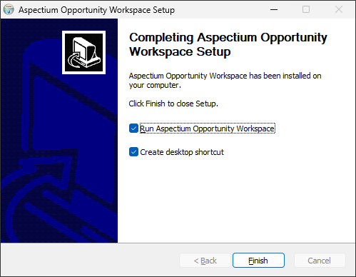 Completing Aspectium Opportunity Workspace Setup screen with Run app, Create desktop shortcut, and Finish options.