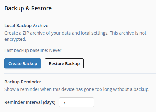 Screenshot of Opportunity Workspace backup and restore controls for creating a backup, restoring a backup, and reviewing local backup status.