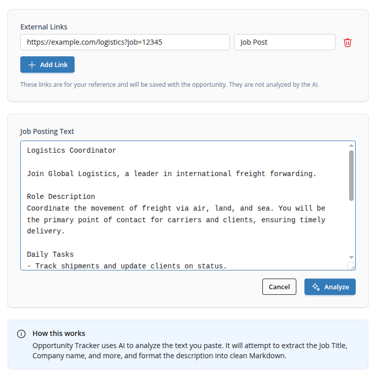 Screenshot of the Opportunity Workspace AI import view showing job-posting text input, analyze action, and a reminder to verify AI-extracted data.