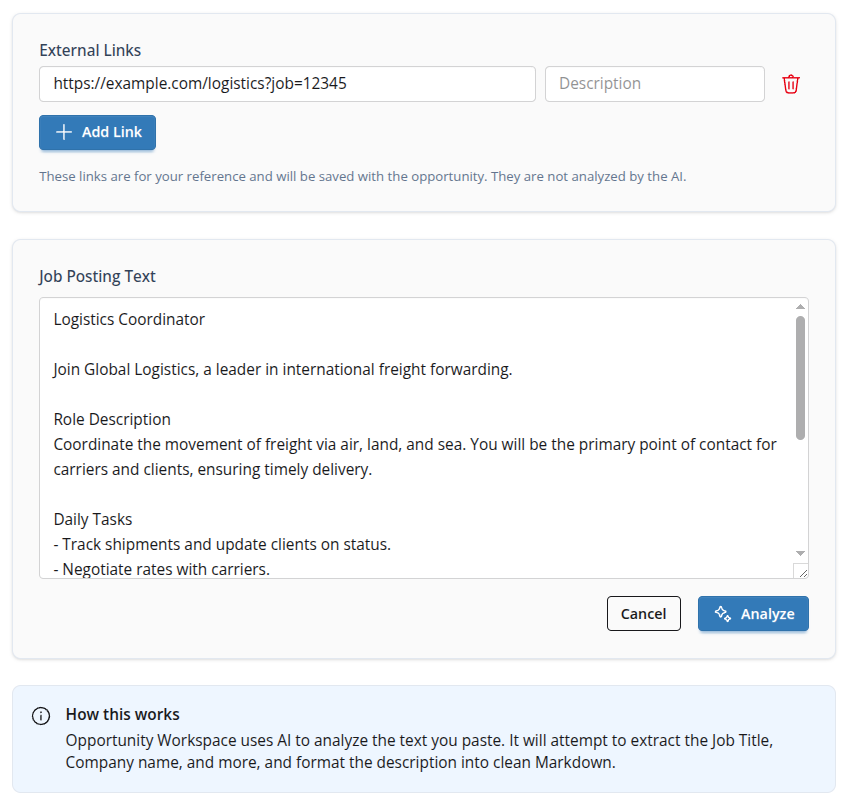 Screenshot of the Opportunity Workspace AI import view showing job-posting text input, analyze action, and a reminder to verify AI-extracted data.