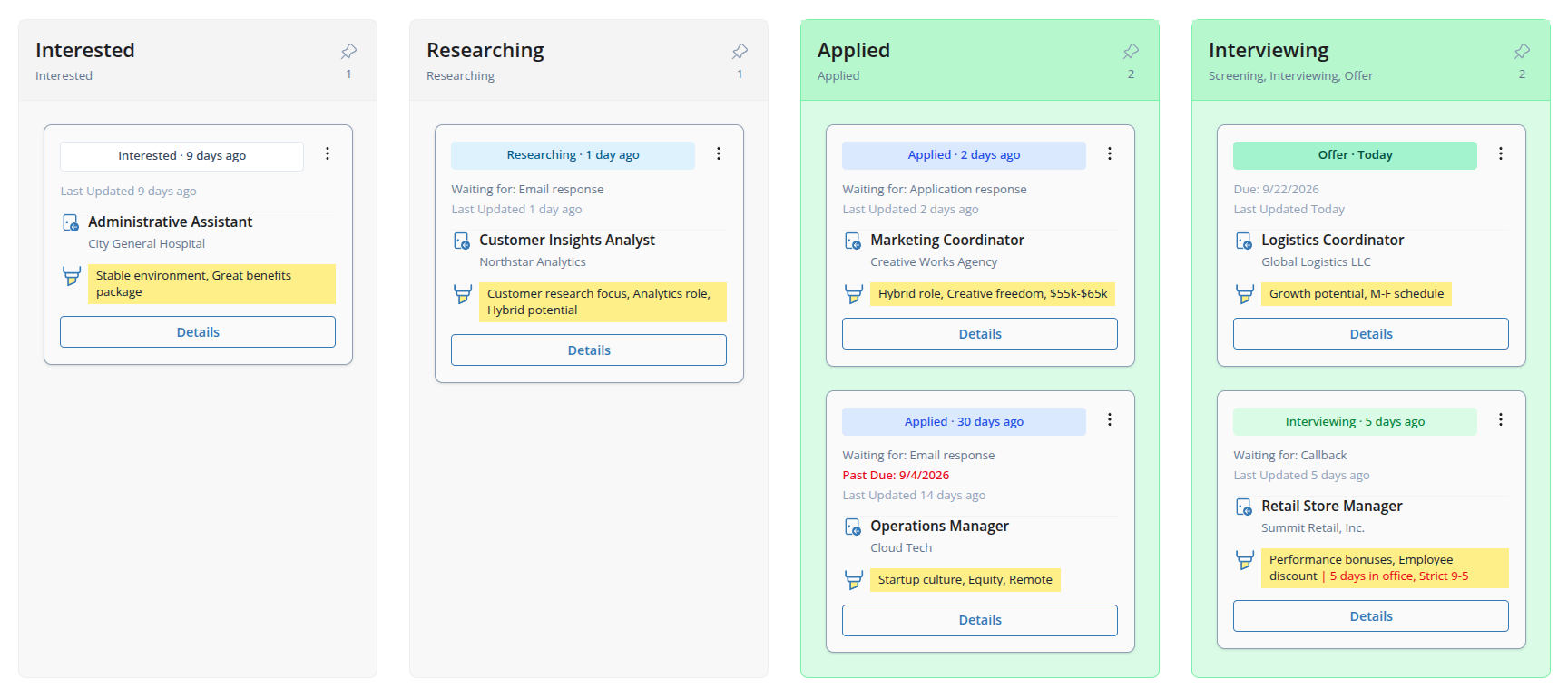 Screenshot of the Opportunity Workspace board showing opportunity cards grouped by status with due dates, waiting indicators, highlights, and recently closed items.