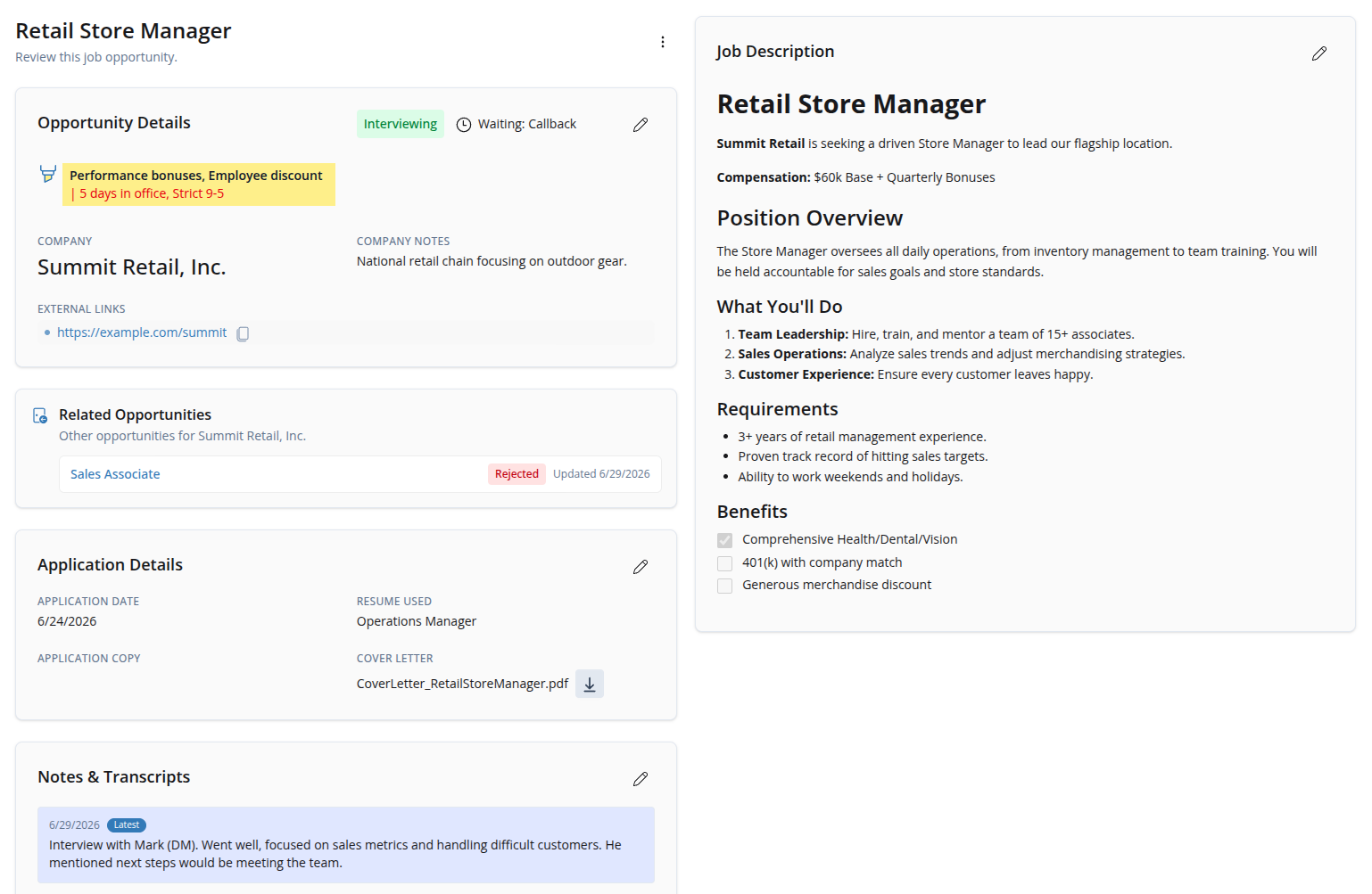 Screenshot of the Opportunity Workspace opportunity details view showing company context, status, application details, notes, and links information.