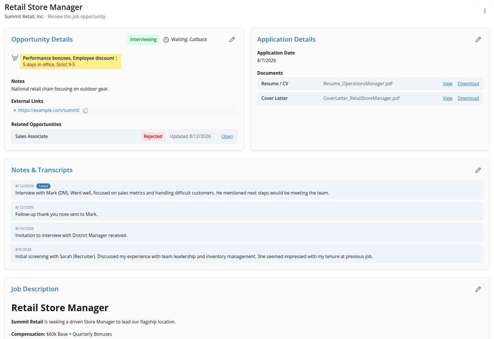 Screenshot of the Opportunity Workspace opportunity details view showing company context, status, application details, resume usage, notes, attachments, and links information.