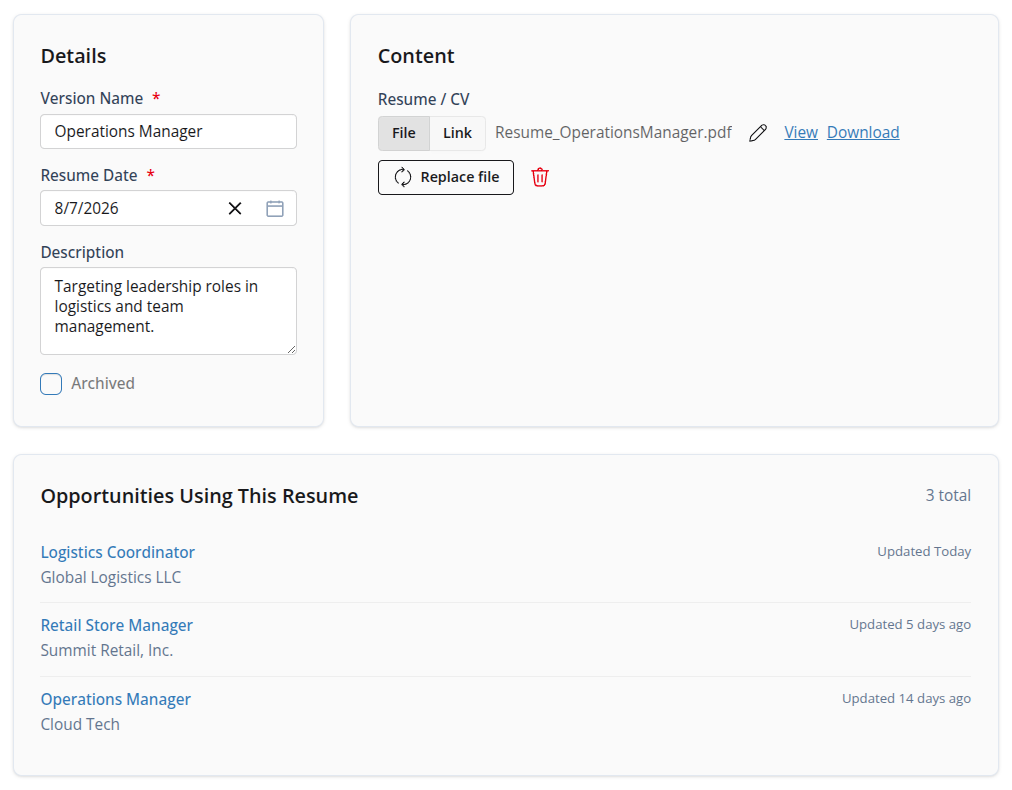 Screenshot of the Opportunity Workspace resume details view showing shared resume metadata, file or link attachment controls, and opportunities using the resume.