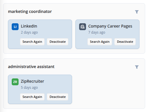 Screenshot of the Opportunity Workspace active sourcing view showing grouped search channels, keywords, and time since the last sourcing session.