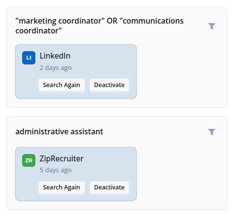 Screenshot of the Opportunity Workspace active sourcing view showing grouped search channels, keywords, and time since the last sourcing session.