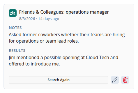 Screenshot of the Opportunity Workspace sourcing history view showing completed search sessions, notes, results, and search again actions.